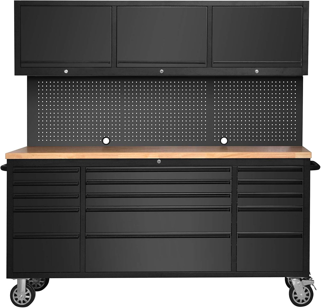 72" Matte Black Steel 15-Drawer Tool Chest with Wooden Top, 3 Upper Cabinets & Peg Board