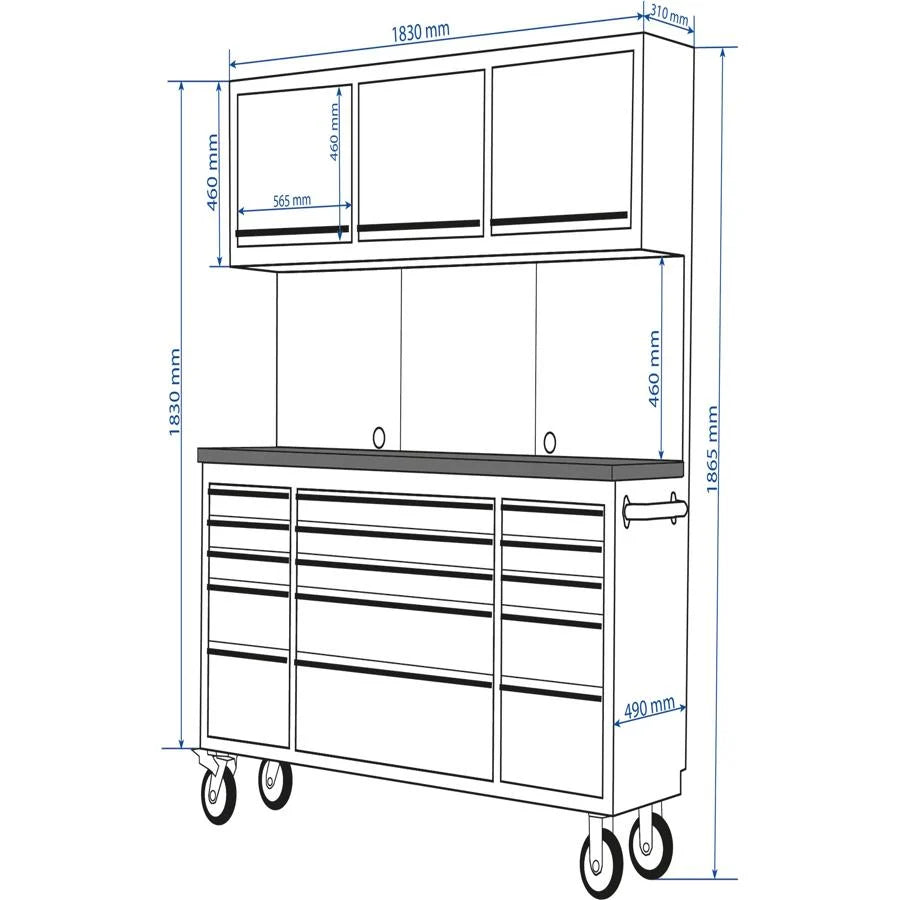 72" Stainless Steel Workbench with Wooden Top, 3 Upper Cabinets & Peg Board