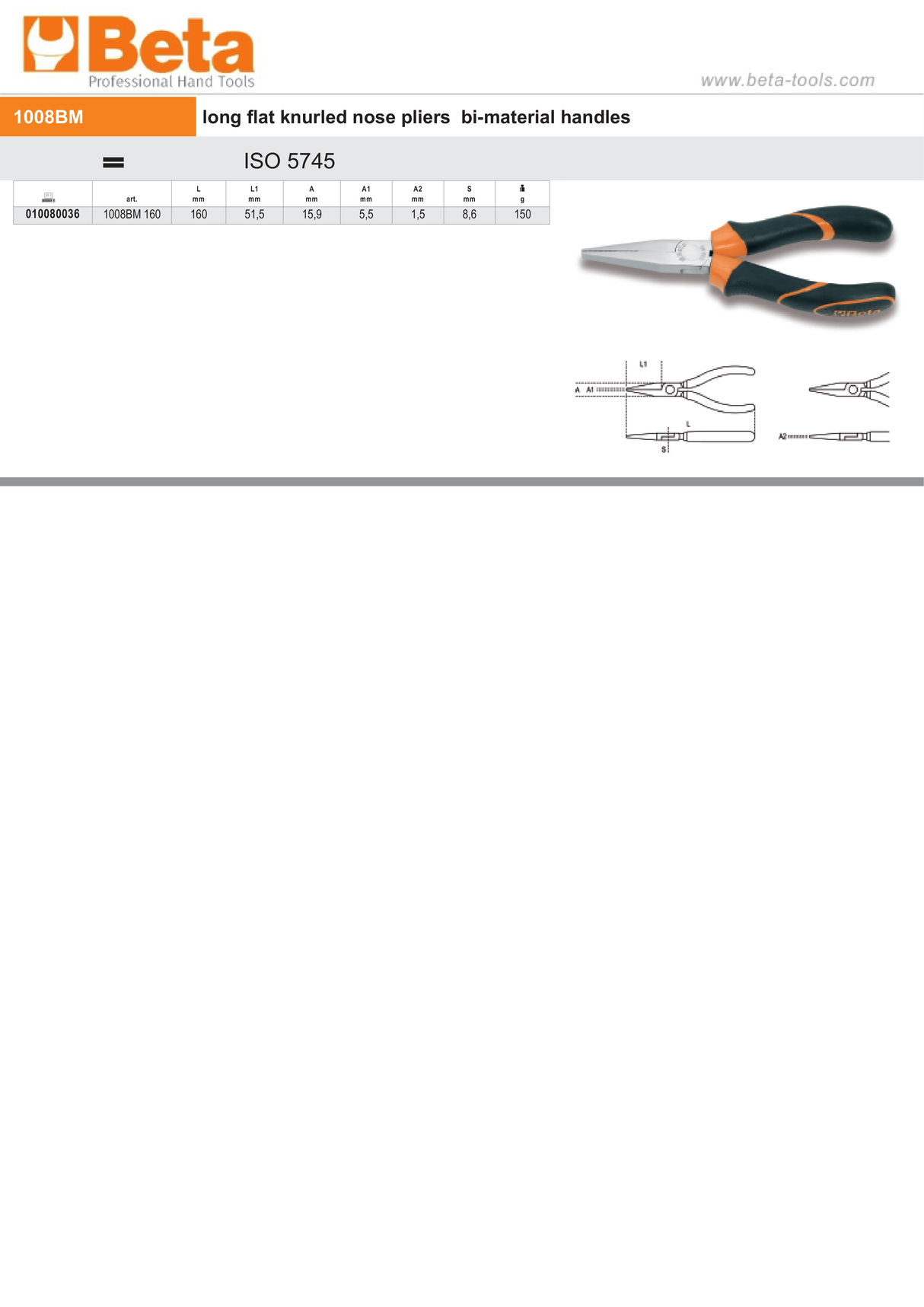 Long Flat Knurled Nose Pliers Bi-Material Handles 160mm - Beta Tools 1008BM 160 - Image 3