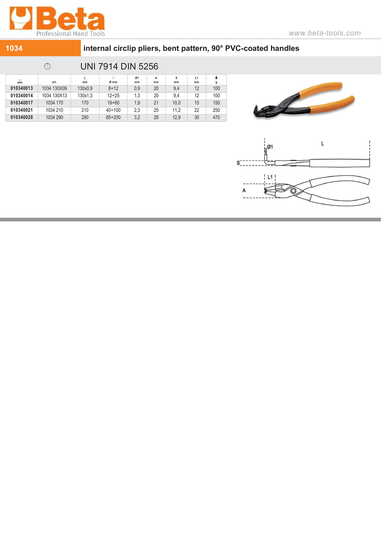 Internal Circlip Pliers Bent 90 Pattern PVC Handles 170mm - Beta Tools 1034 170 - Image 3