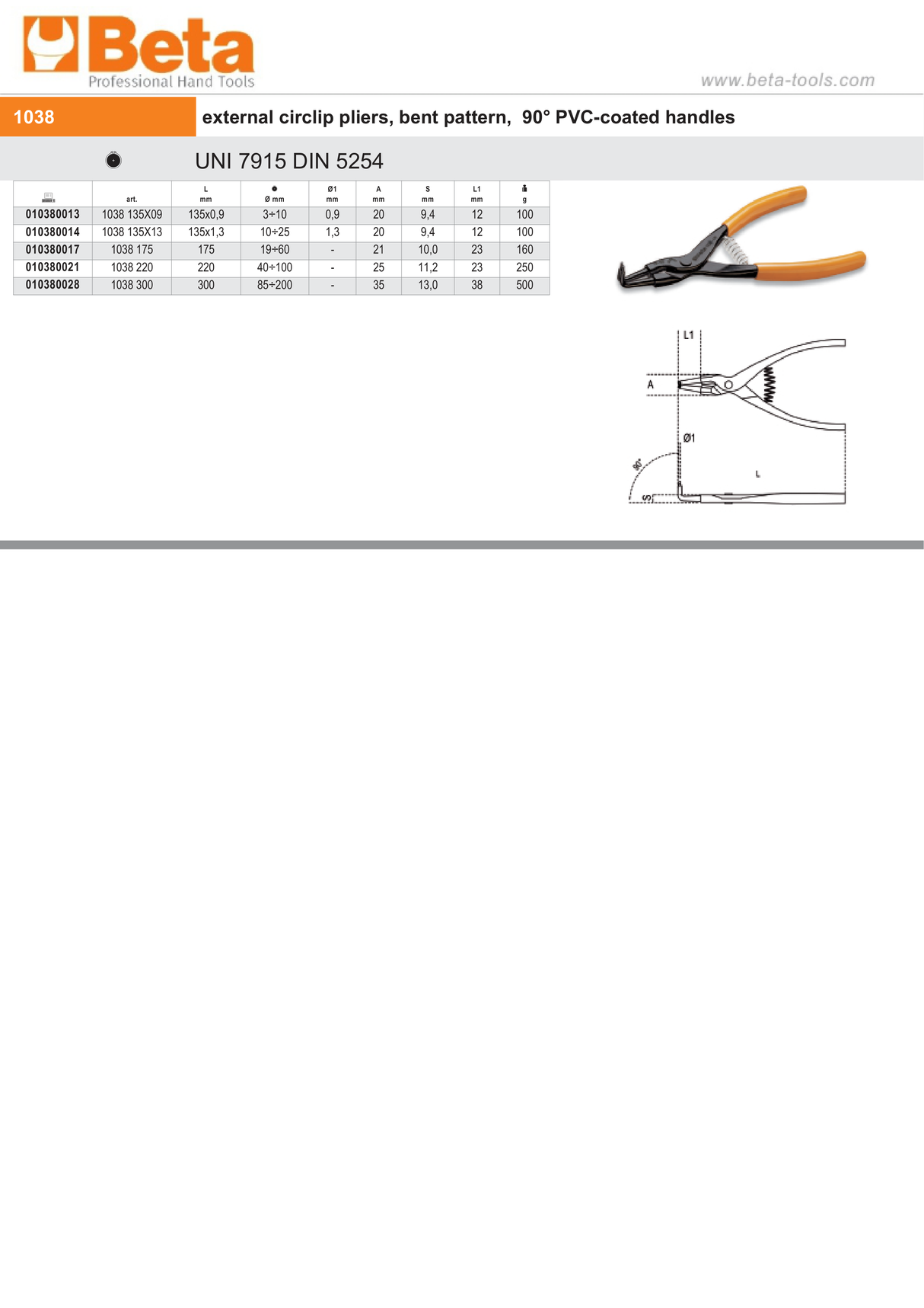External Circlip Pliers Bent 90 PVC Handles 175mm - Beta Tools 1038 175 - Image 3