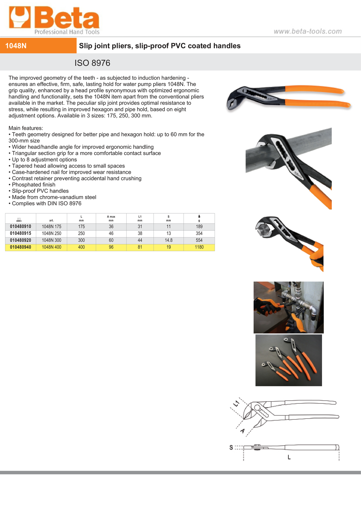 Slip Joint Pliers Slip-Proof PVC Coated Handles 250mm - Beta Tools 1048N 250 - Image 11
