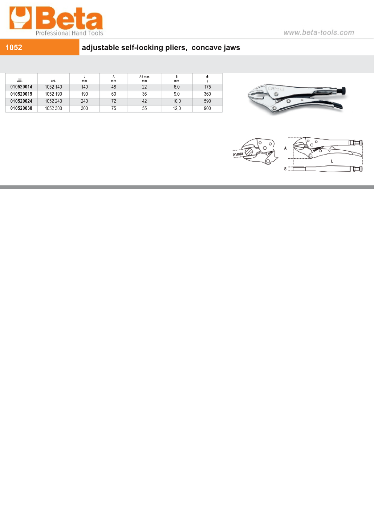 Adjustable Self-Locking Pliers Concave Jaws 240mm - Beta Tools 1052 240 - Image 3