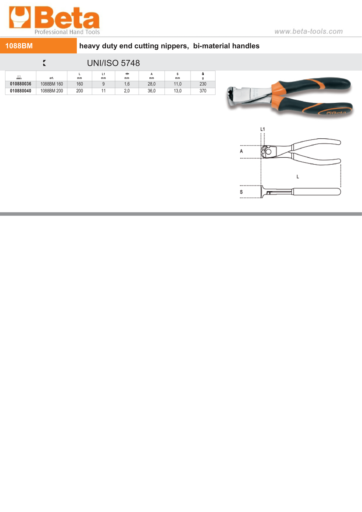 Heavy Duty End Cutting Nippers Bi-Material Handles 160mm - Beta Tools 1088BM 160 - Image 3