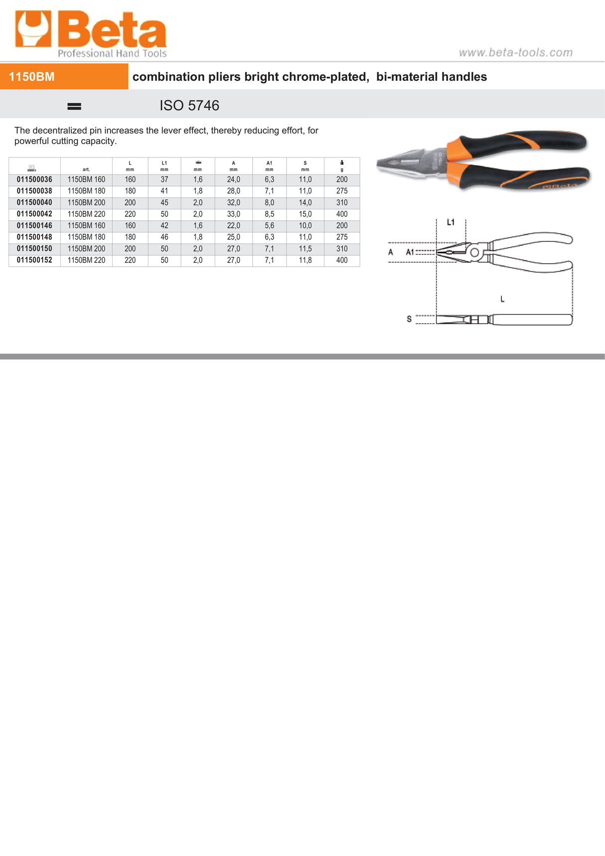 Combination Pliers Chrome-Plated with Bi-Material Handles 180mm Length - Beta Tools 1150BM 180 - Image 3