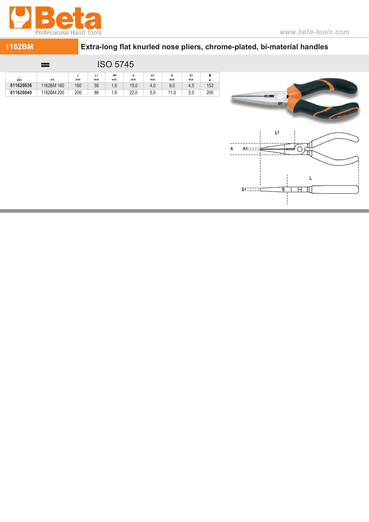 Extra-Long Flat Knurled Nose Pliers Chrome-Plated Bi-Material Handles 160mm Length - Beta Tools 1162BM 160 - Image 3