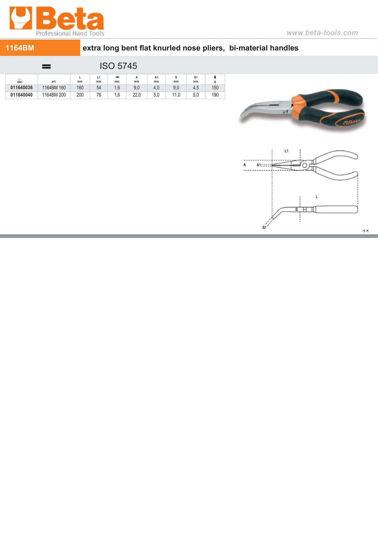 Extra-Long Bent Flat Knurled Nose Pliers Bi-Material Handles 160mm Length - Beta Tools 1164BM 160 - Image 3