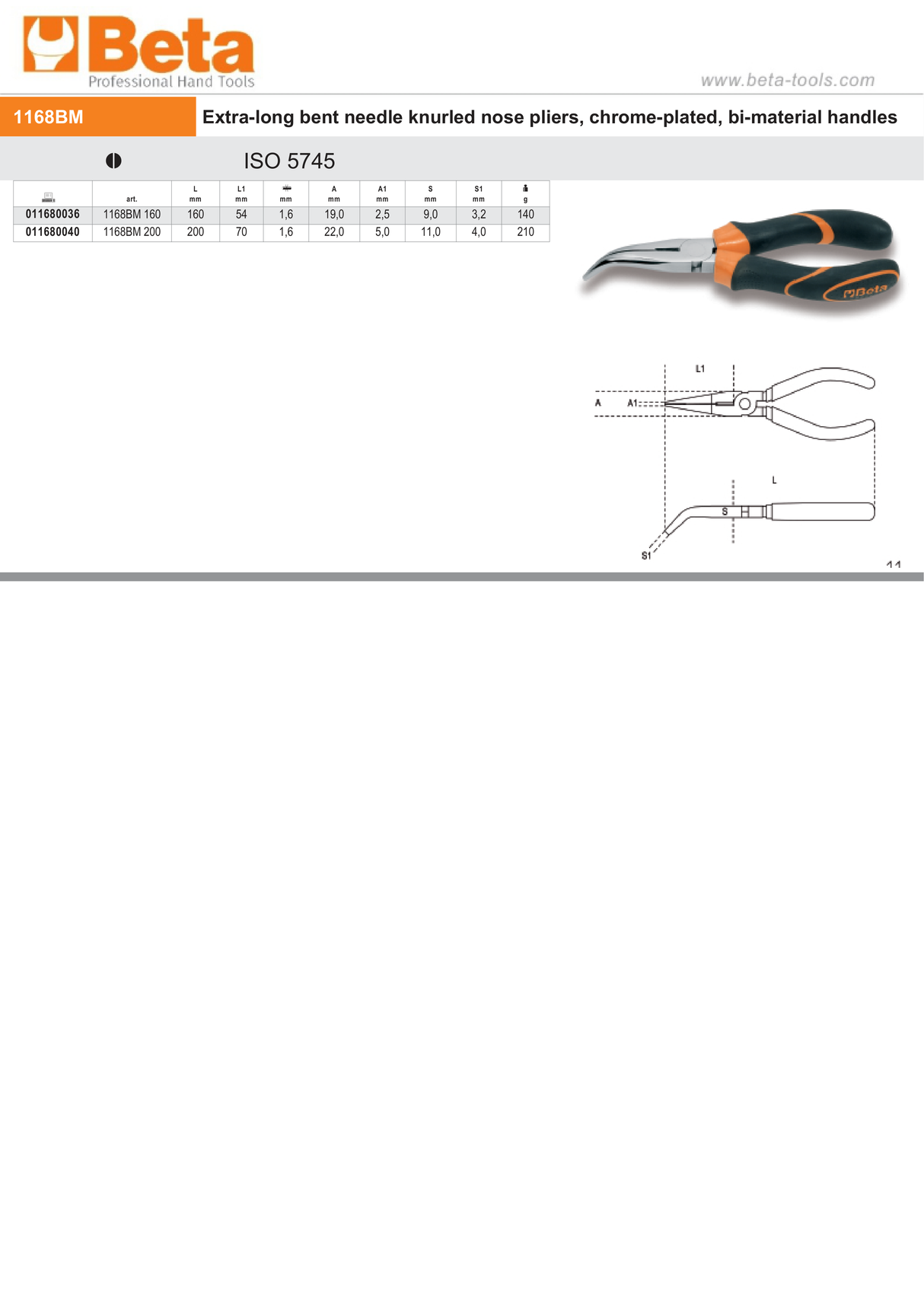 Extra-Long Bent Needle Knurled Nose Pliers Chrome-Plated Bi-Material Handles 160mm Length - Beta Tools 1168BM 160 - Image 3