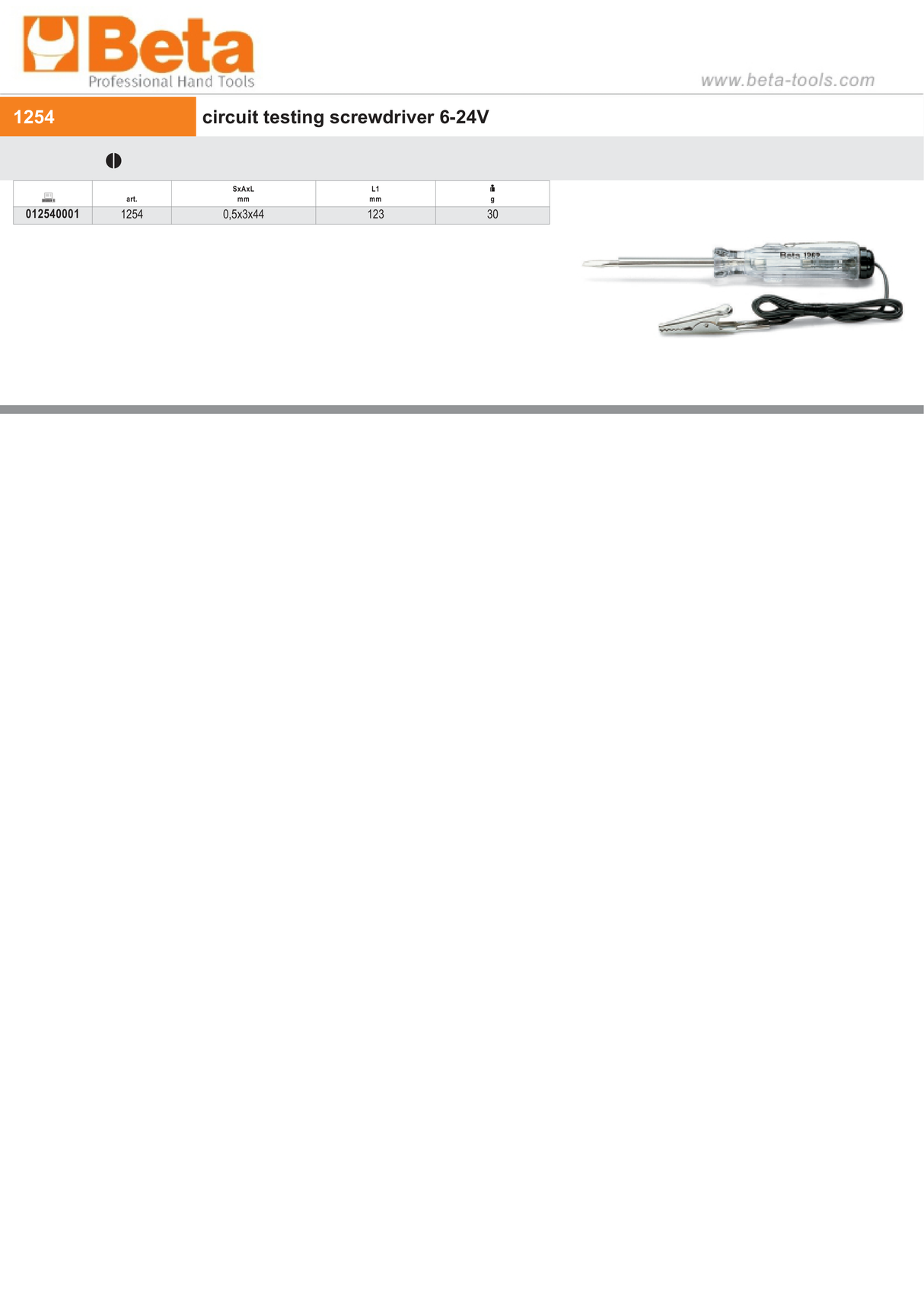 Circuit Testing Screwdriver 6-24V 0.5mm x 3mm x 44mm - Beta Tools 1254 - Image 2