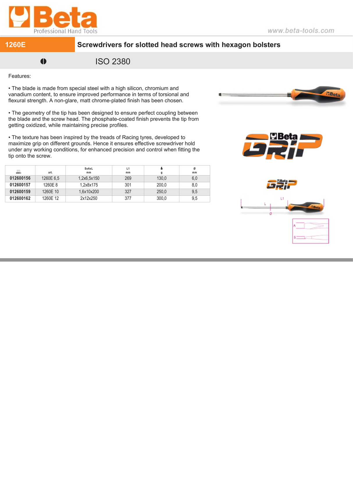 Screwdriver for Slotted Head Screws with Hexagon Bolster 2x12mm 250mm Length - BetaGRIP 1260E 12 - Image 4