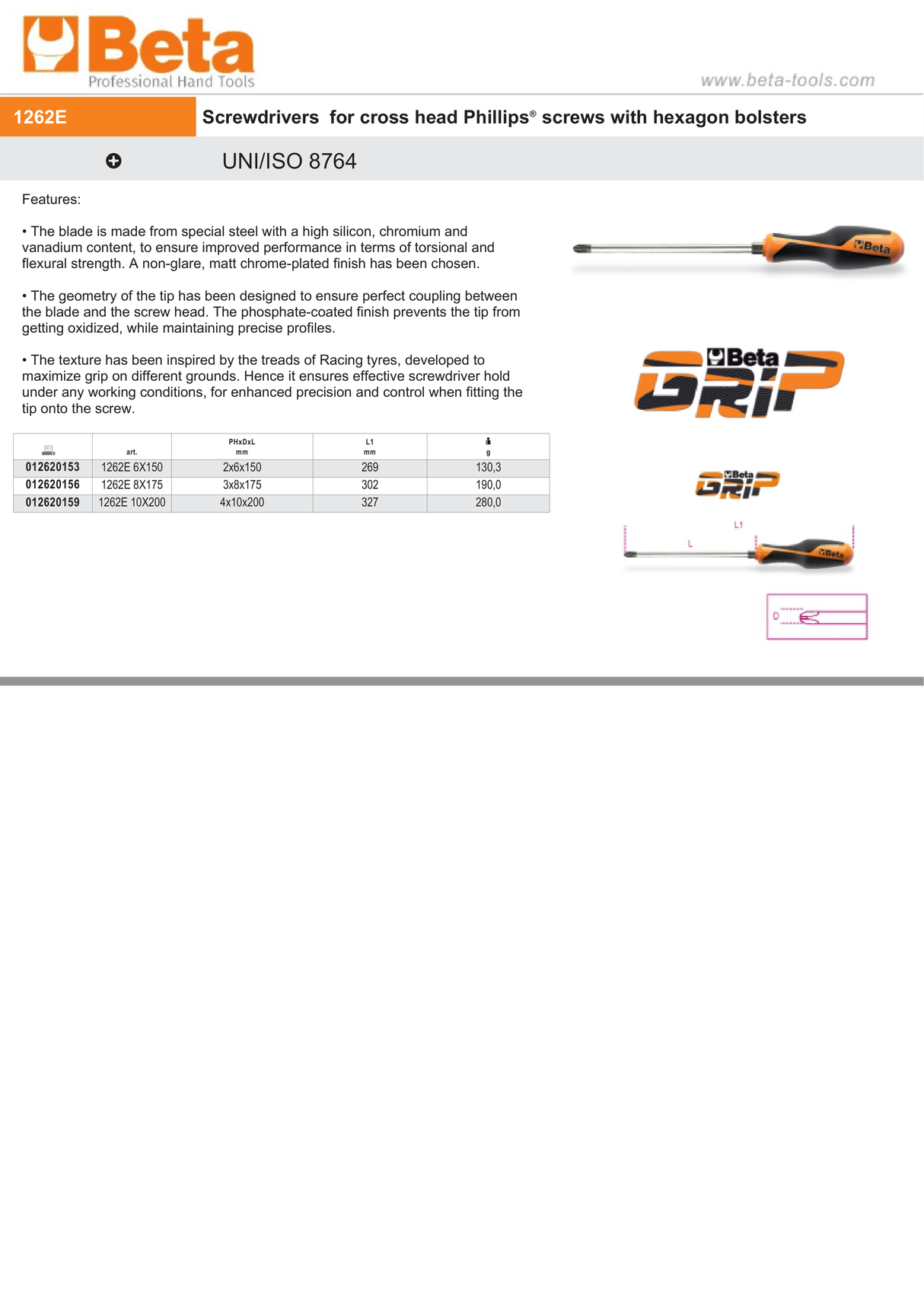 Screwdriver for Cross Head Phillips Screws with Hexagon Bolsters PH3 8mm 175mm Length - BetaGRIP 1262E 8X175 - Image 4