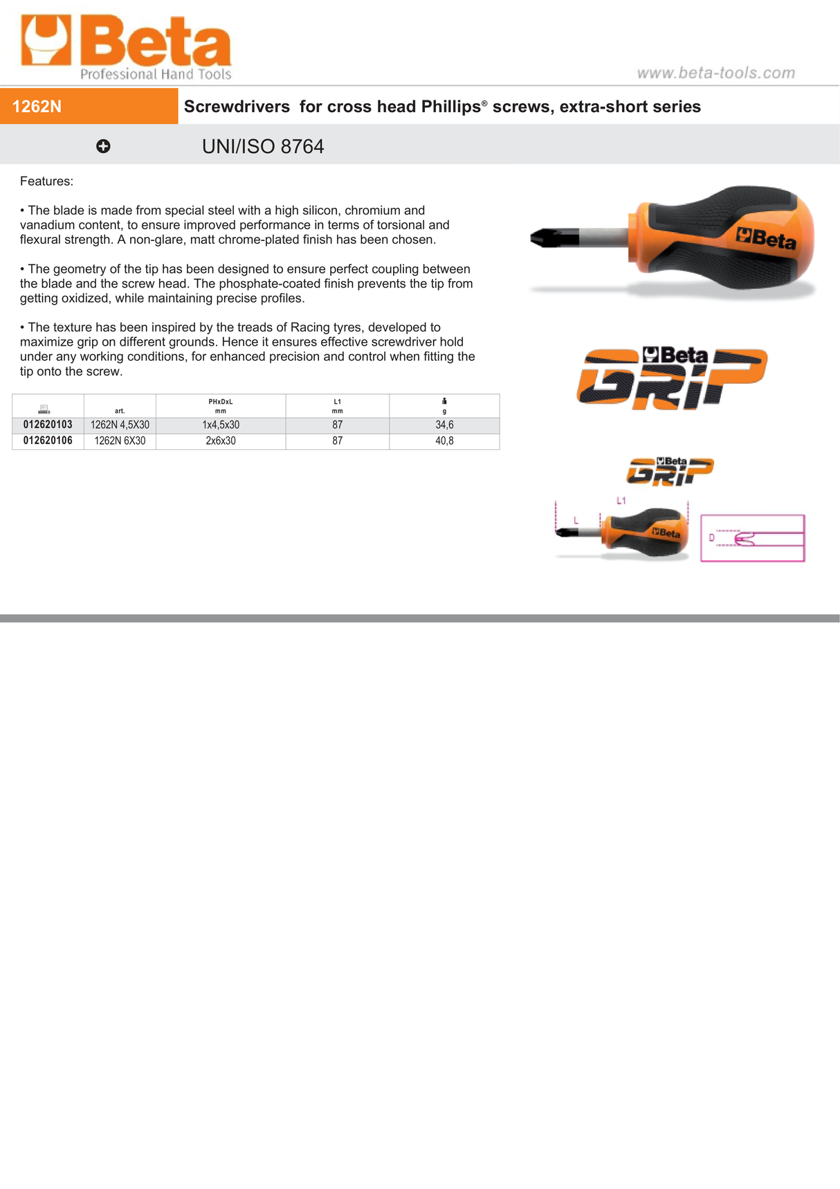 Screwdriver for Cross Head Phillips Screws Extra-Short PH1 4.5mm 30mm Length - BetaGRIP 1262N 4,5X30 - Image 4