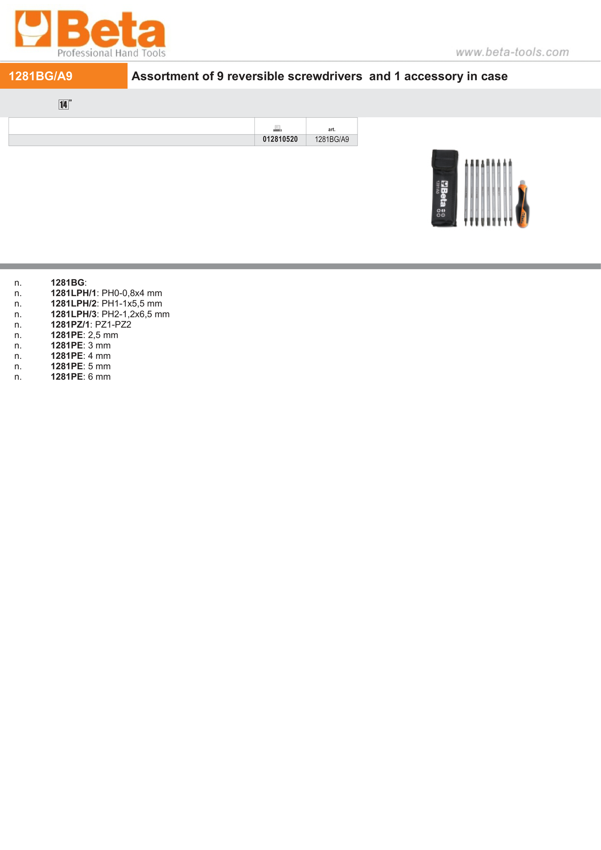 9 Reversible Screwdrivers 1 Accessory in Case - Beta Tools 1281BG/A9 - Image 2