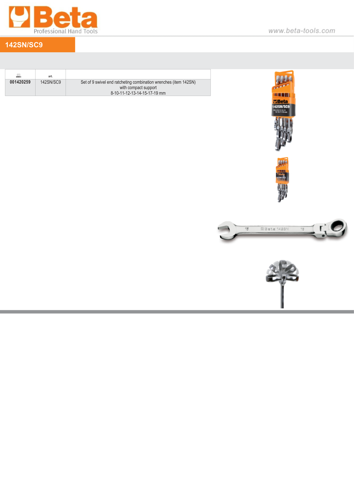 Swivel End Ratcheting Combination Spanner Wrench Set 8mm - 19mm (9 Pieces) - Beta Tools 142SN/SC9 - Image 6