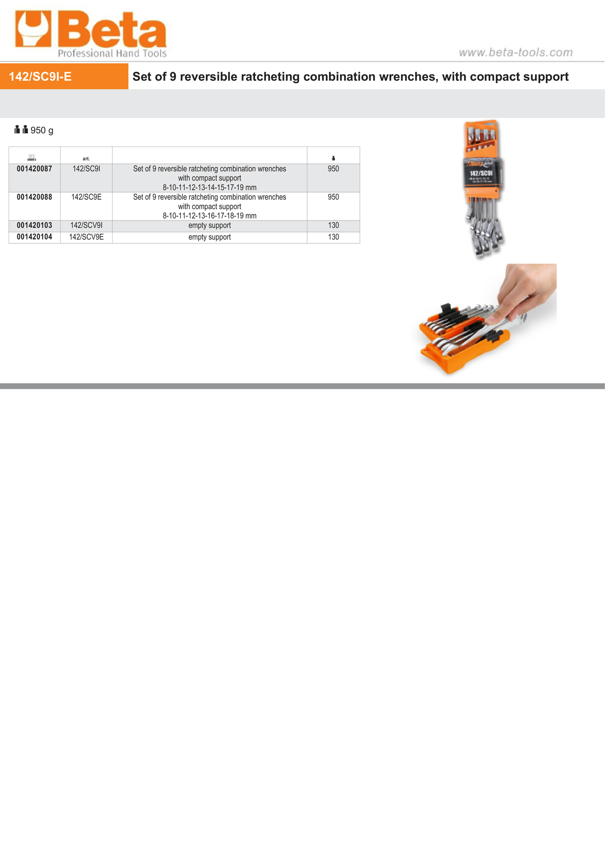 Reversible Ratcheting Combination Spanner Wrench Set with Compact Support 8mm - 19mm (9 Pieces) - Beta Tools 142/SC9I - Image 4
