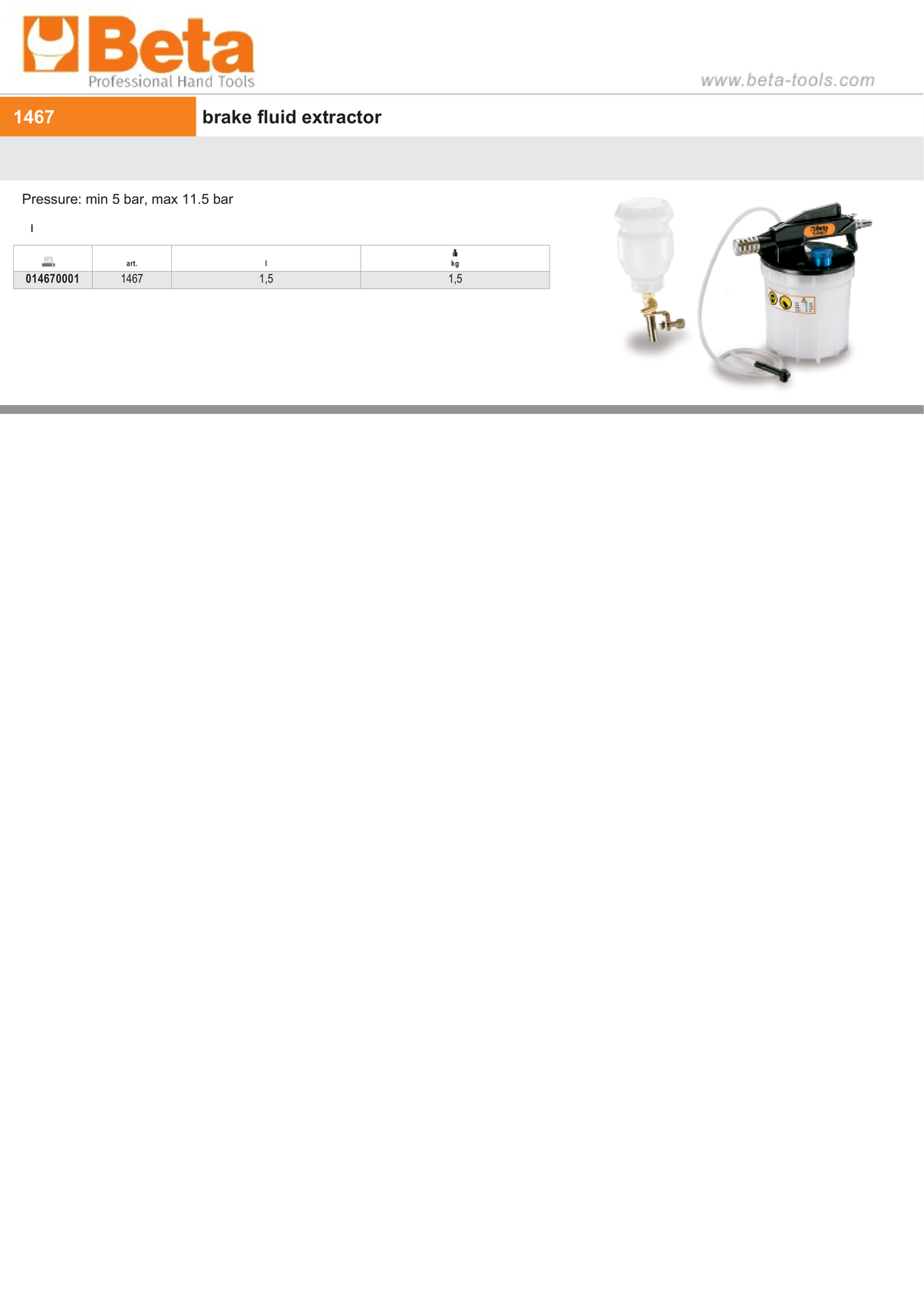 Brake Fluid Extractor 1.5L 5-11.5 Bar - Beta Tools 1467 - Image 4