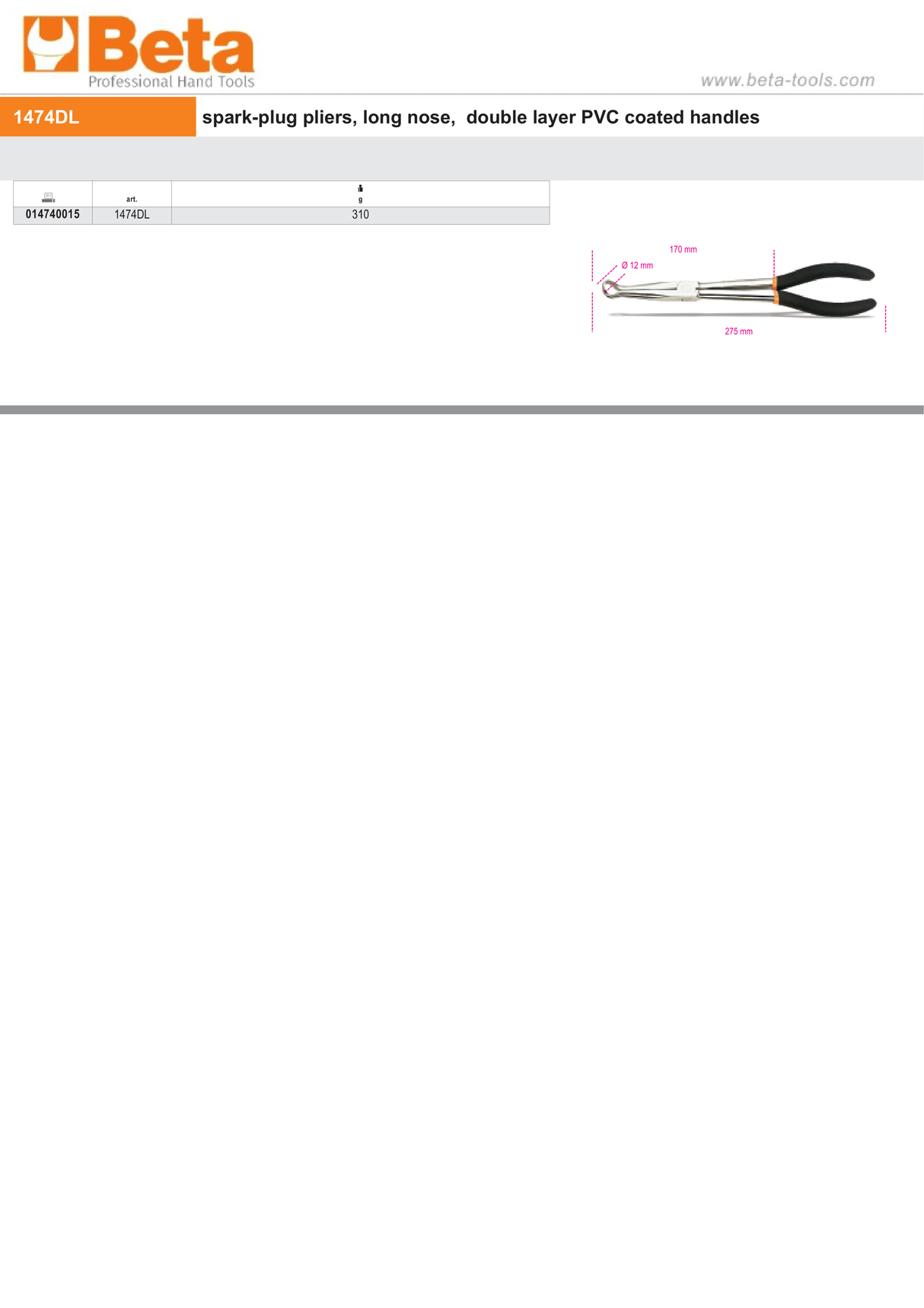 Long Nose Spark-Plug Pliers with Double Layer PVC Coated Handles - Beta Tools 1474DL - Image 2