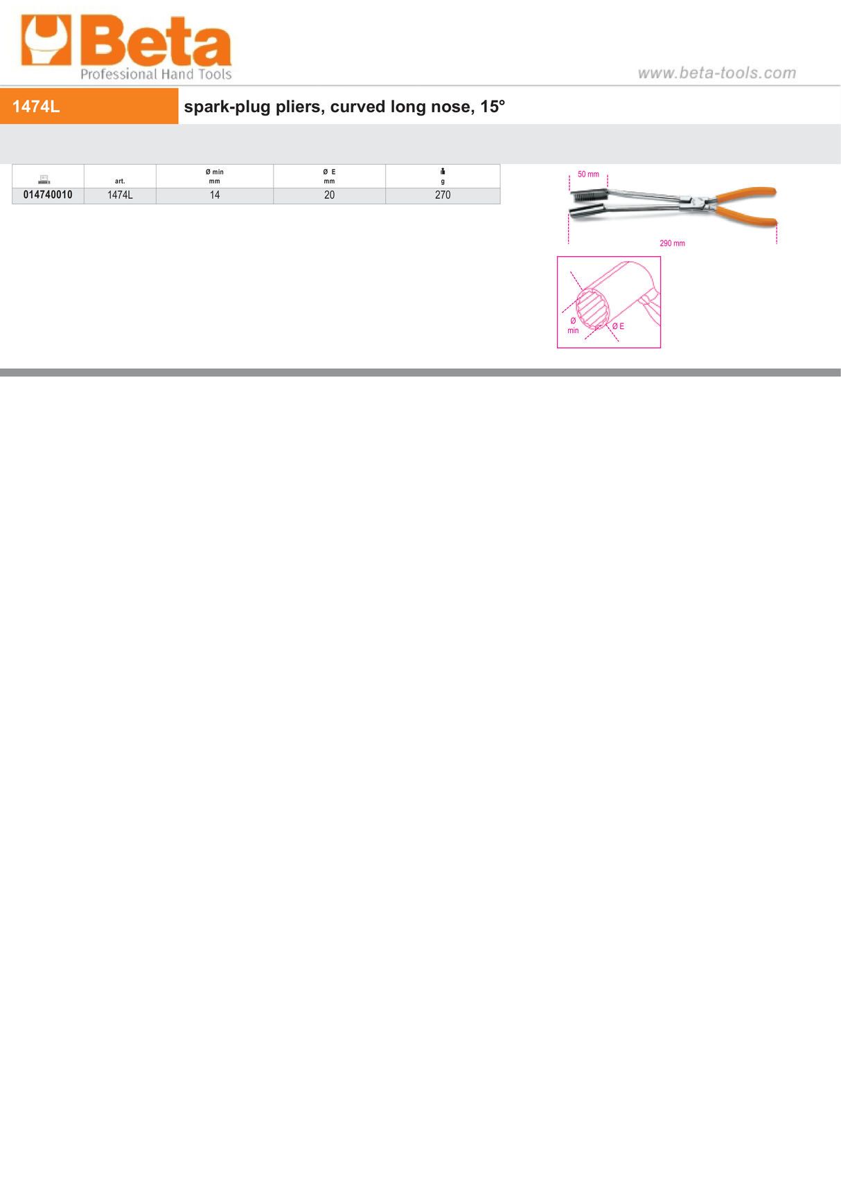 Curved Long Nose Spark-Plug Pliers 15 Min 14mm - Beta Tools 1474L - Image 2