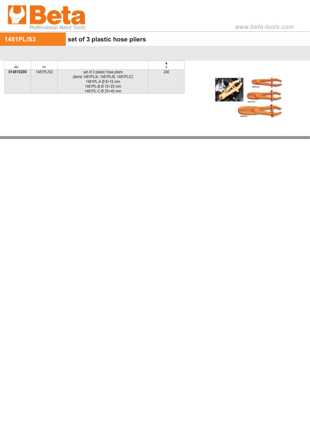 Set of 3 Plastic Hose Pliers 8mm - 45mm - Beta Tools 1481PL/S3 - Image 4