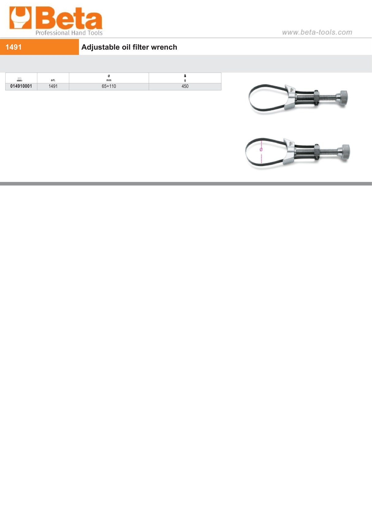 Adjustable Oil Filter Wrench 65-110mm - Beta Tools 1491 - Image 3