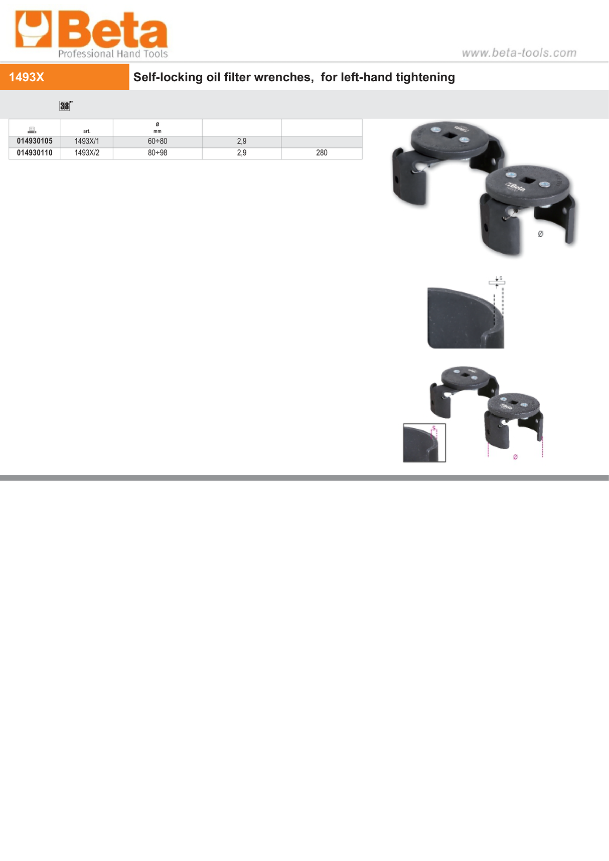 Self-Locking Oil Filter Wrench Left-Hand 60-80mm - Beta Tools 1493X/1 - Image 4