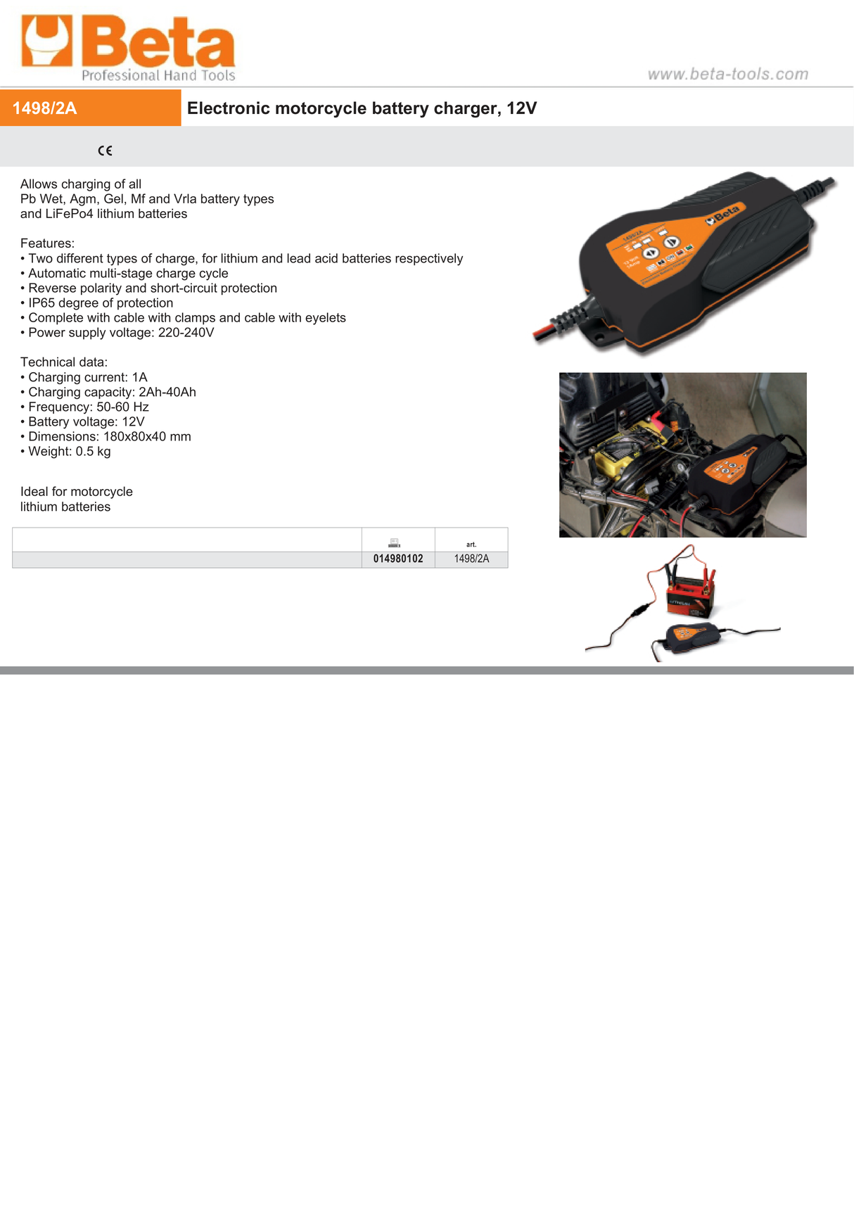 Electronic Motorcycle Battery Charger 12V 1A 2Ah - 40Ah - Beta Tools 1498/2A - Image 4