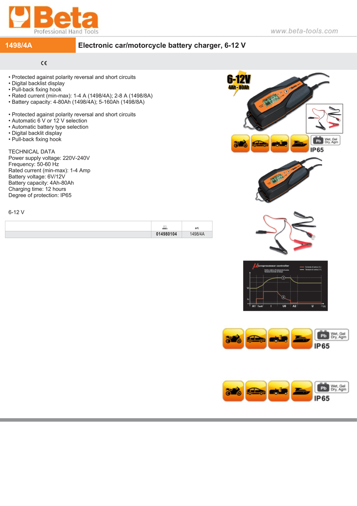 Electronic Car/Motorcycle Battery Charger 6V/12V 1A - 8A 4Ah - 160Ah - Beta Tools 1498/4A - Image 6