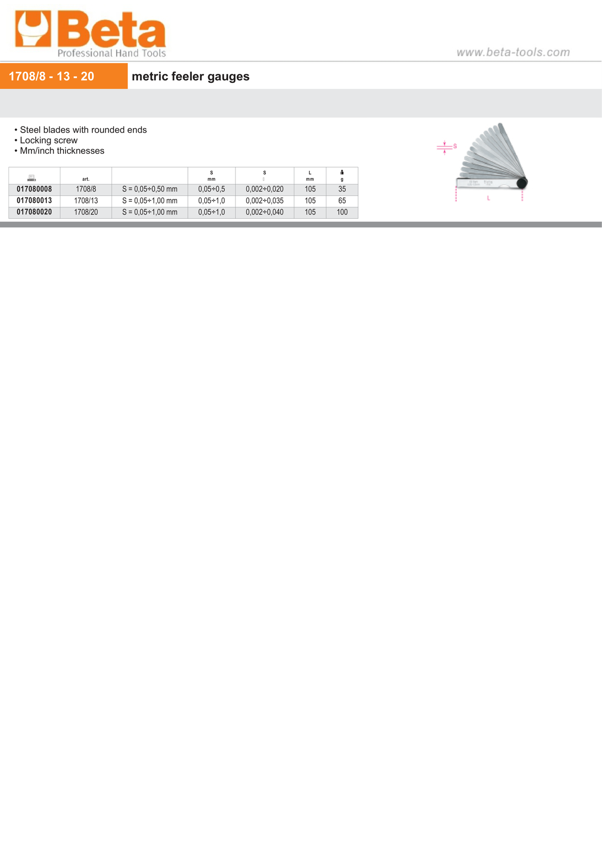 Metric Feeler Gauges with Steel Blades 0.05-0.5mm - Beta Tools 1708/8 - Image 3