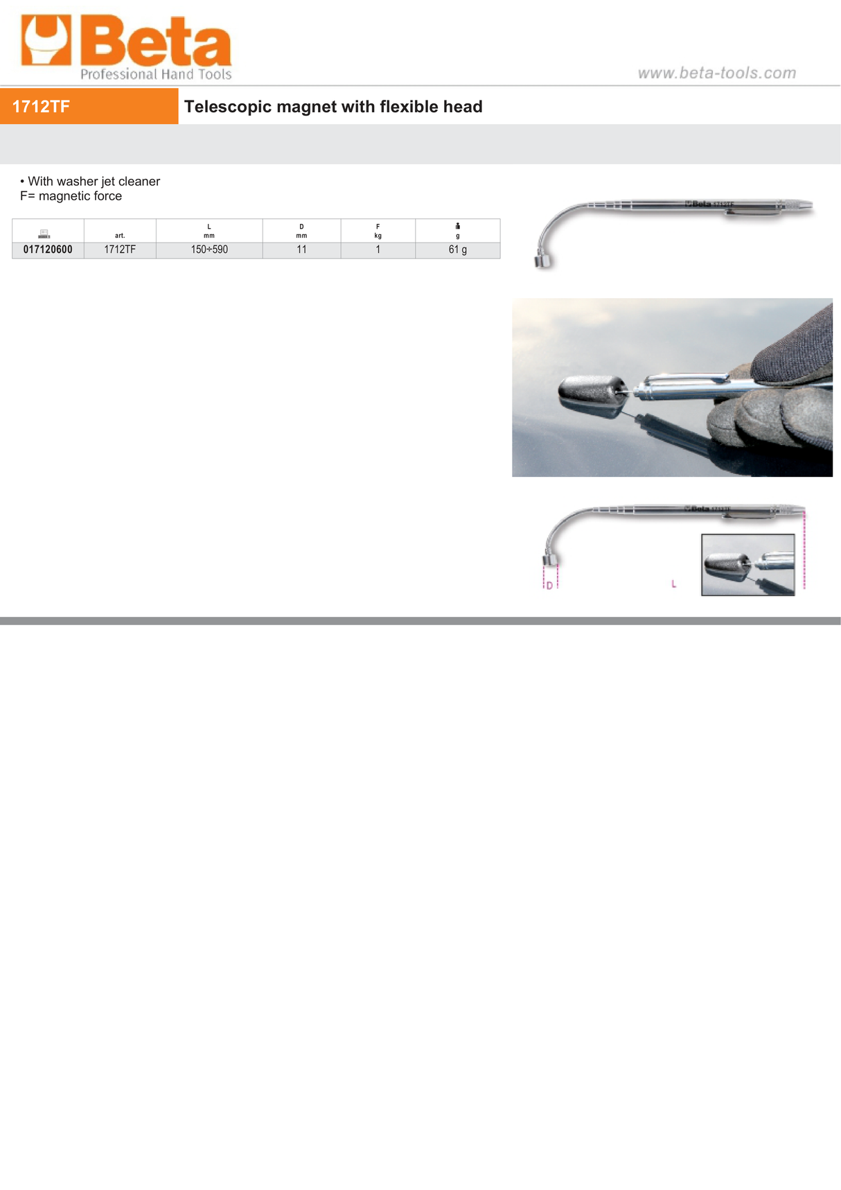 Telescopic Magnet with Flexible Head 150-590mm - Beta Tools 1712TF - Image 4