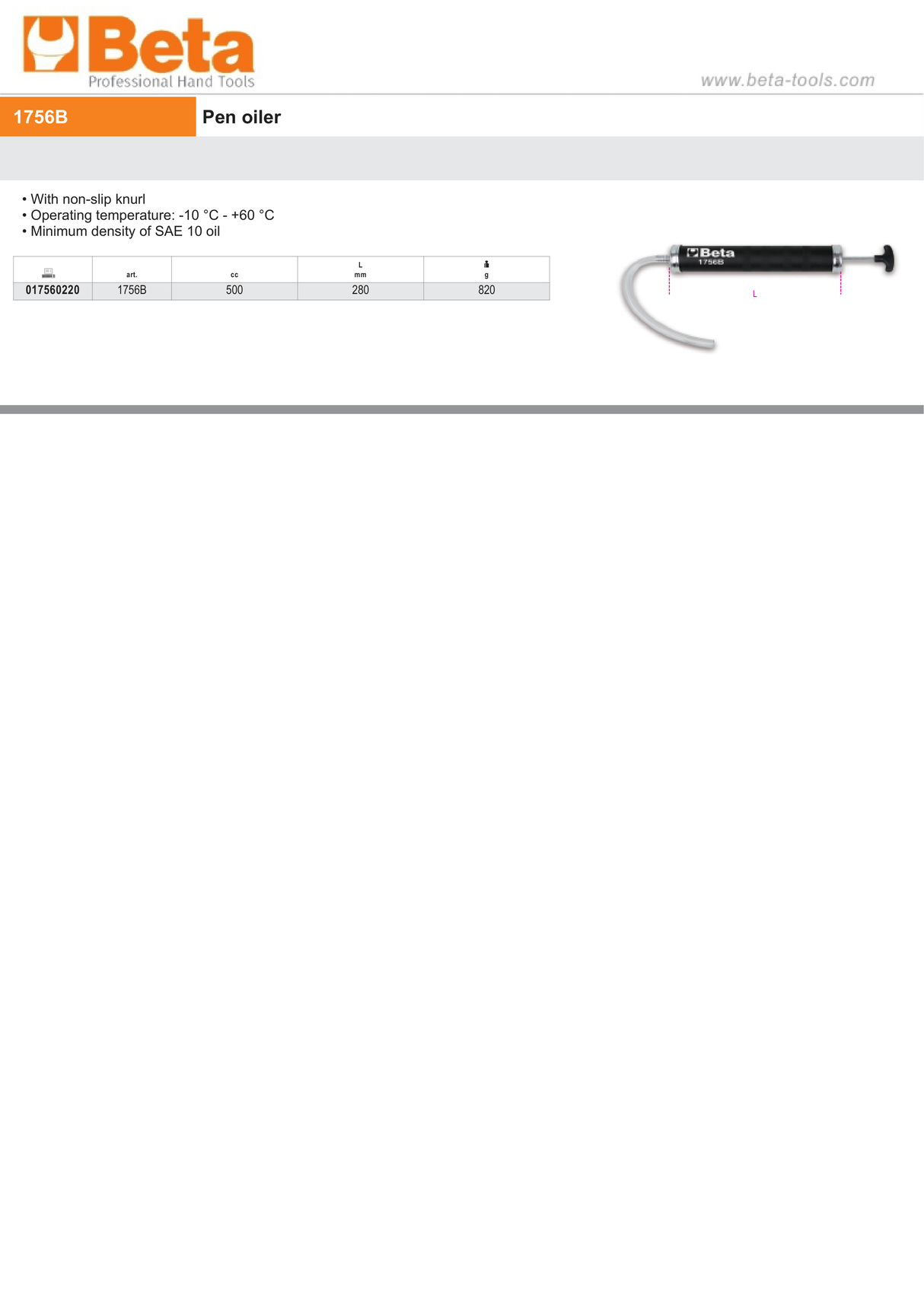 Pen Oiler with Non-Slip Knurl for SAE 10 Oil 500cc - Beta Tools 1756B - Image 2