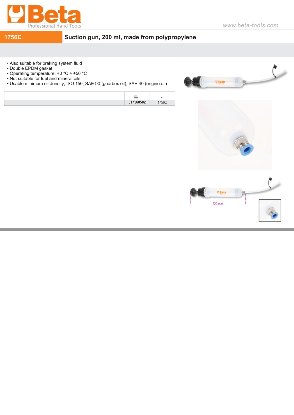 Suction Gun 200ml Polypropylene for Brake Fluid and High-Density Oils - Beta Tools 1756C - Image 4