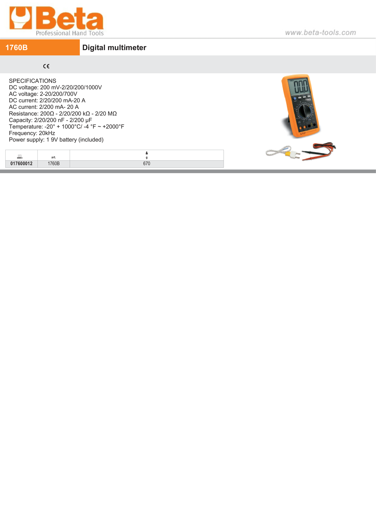 Digital Multimeter with Temperature and Frequency Measurement - Beta Tools 1760B - Image 2