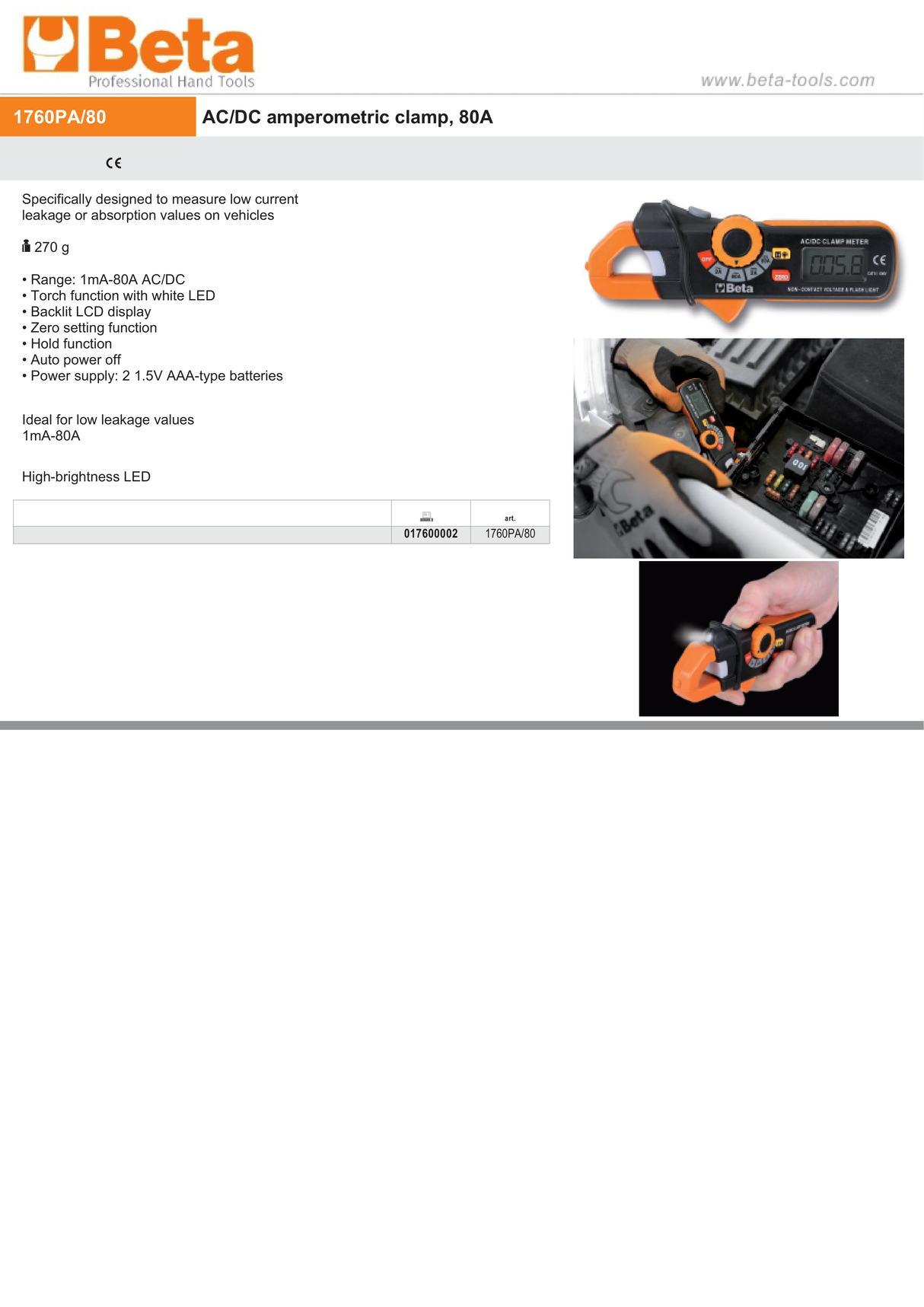 AC/DC Amperometric Clamp 1mA-80A with LED - Beta Tools 1760PA/80 - Image 4