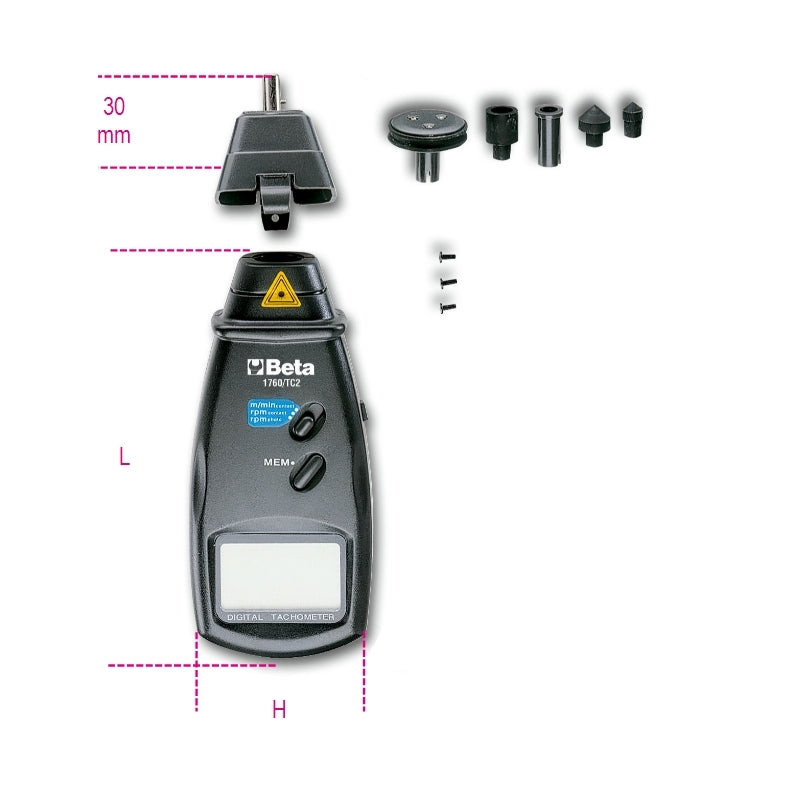 Combination Contact/Non-Contact Digital Tachometer 2.5-99,999 RPM 230mm - Beta Tools 1760/TC2 - Image 5