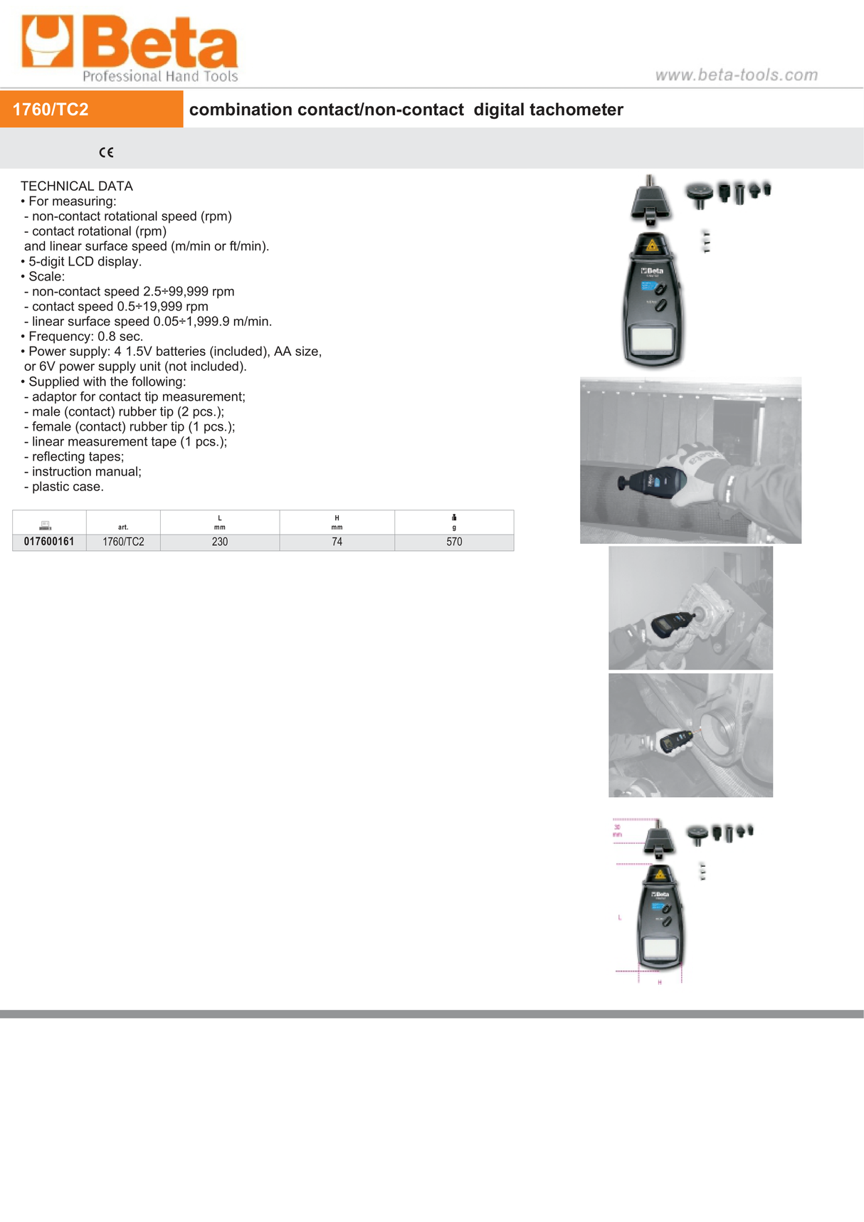 Combination Contact/Non-Contact Digital Tachometer 2.5-99,999 RPM 230mm - Beta Tools 1760/TC2 - Image 6
