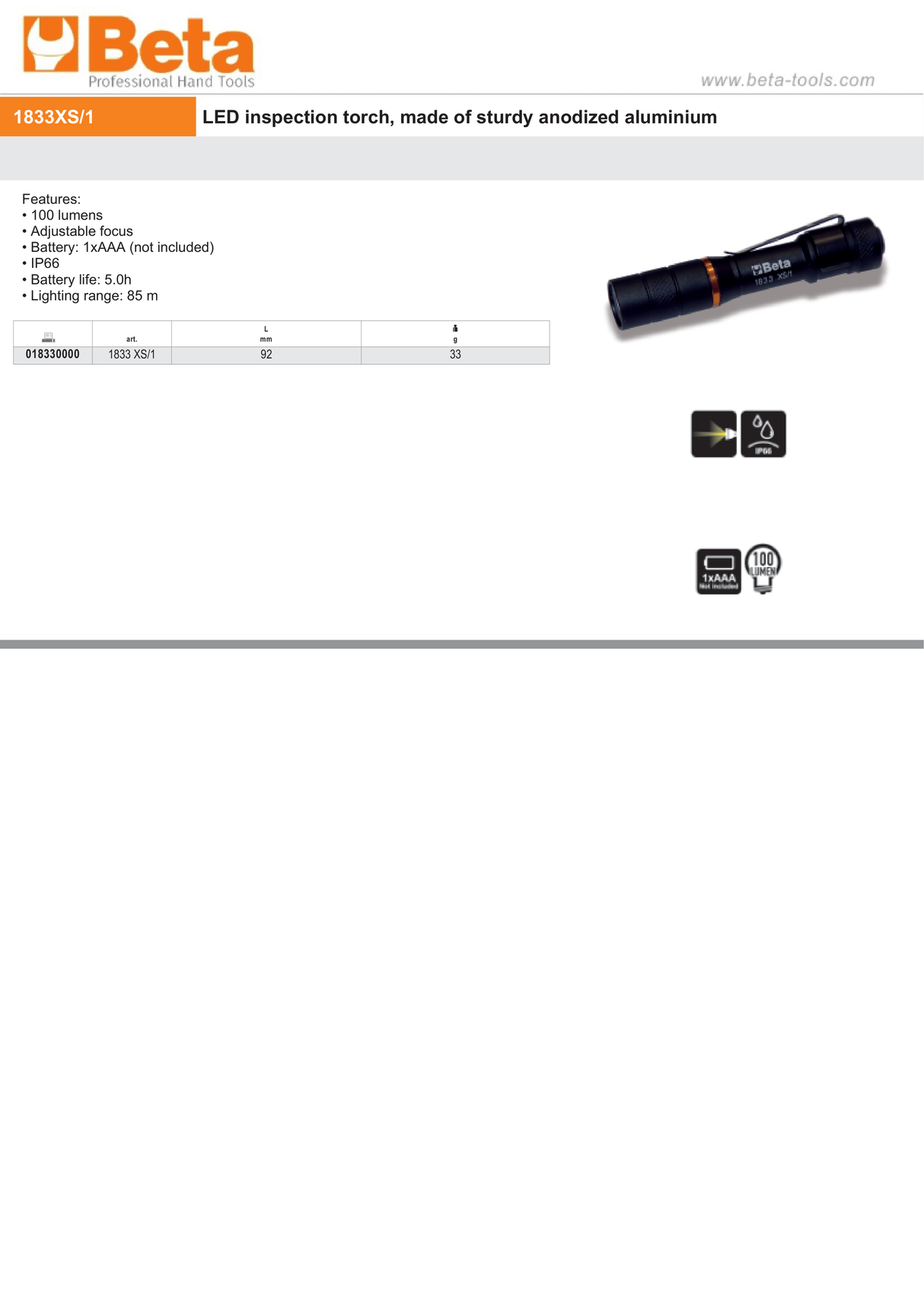 LED Inspection Torch Anodized Aluminum 100 Lumens 92mm - Beta Tools 1833 XS/1 - Image 4