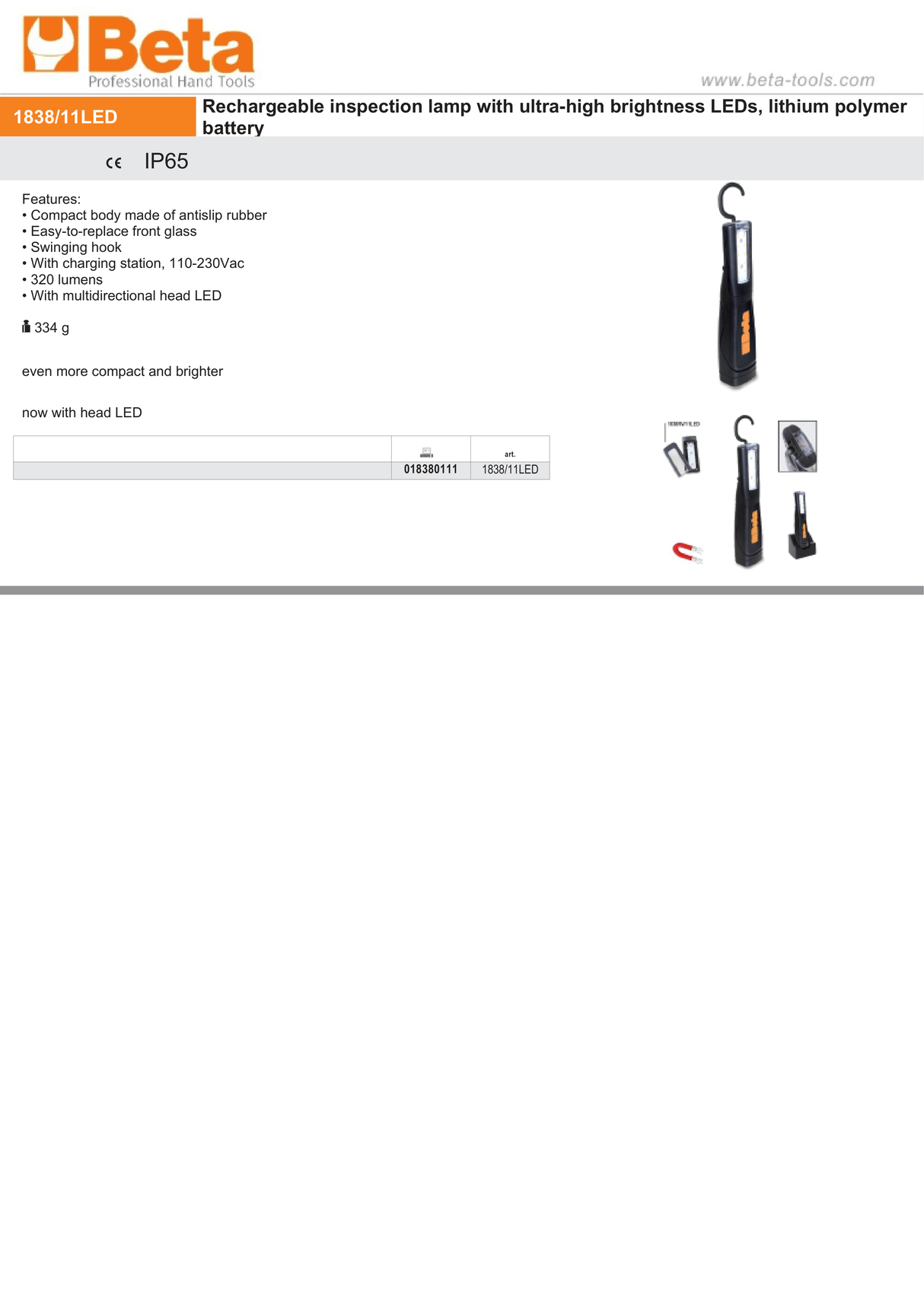 Rechargeable Inspection Lamp Ultra-High Brightness LEDs 320 Lumens - Beta Tools 1838/11LED - Image 3