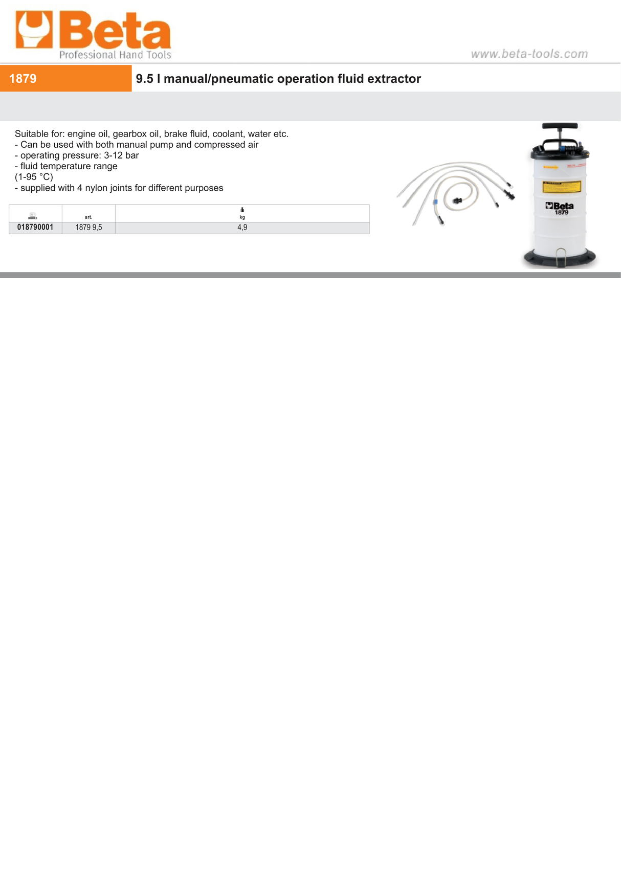 Manual/Pneumatic Fluid Extractor 9.5L with Nylon Joints - Beta Tools 1879 9,5 - Image 2