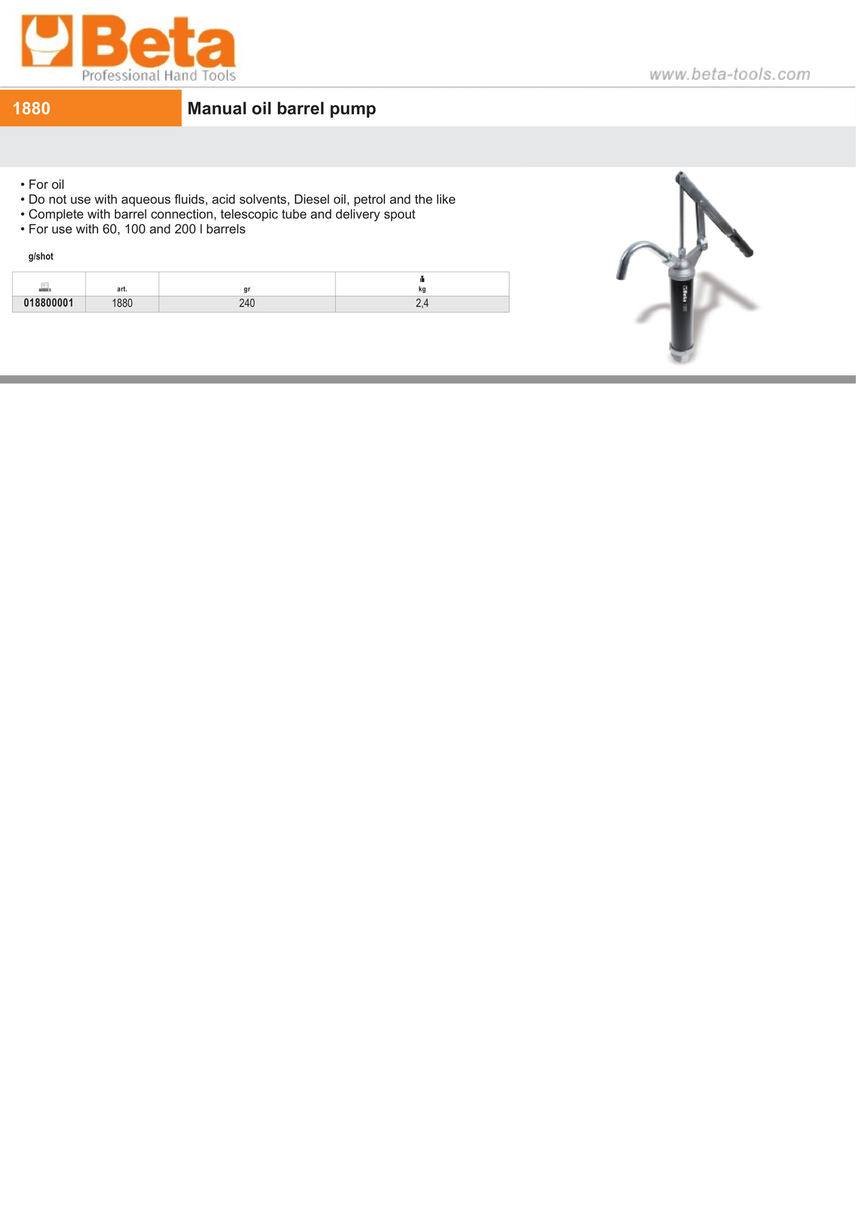 Manual Oil Barrel Pump for 60-200L Barrels - Beta Tools 1880 - Image 2