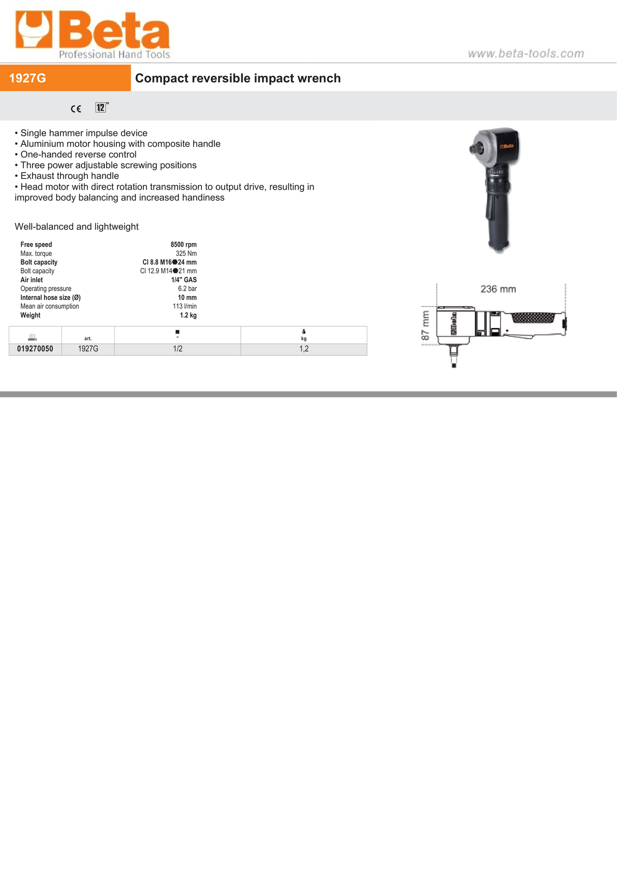 Compact Reversible Impact Wrench 1/2" Lightweight - Beta Tools 1927G - Image 3