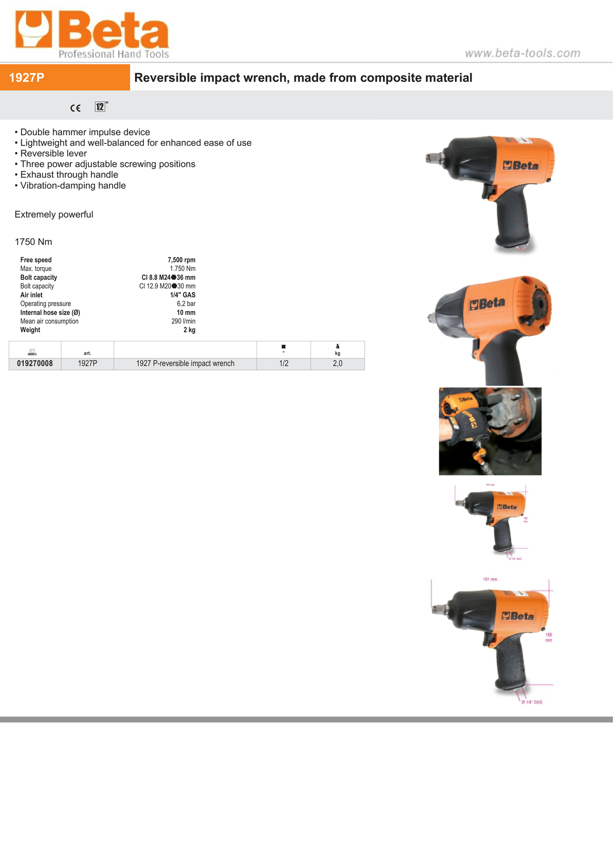 Reversible Impact Wrench 1/2" Composite Material 1750Nm - Beta Tools 1927P - Image 5