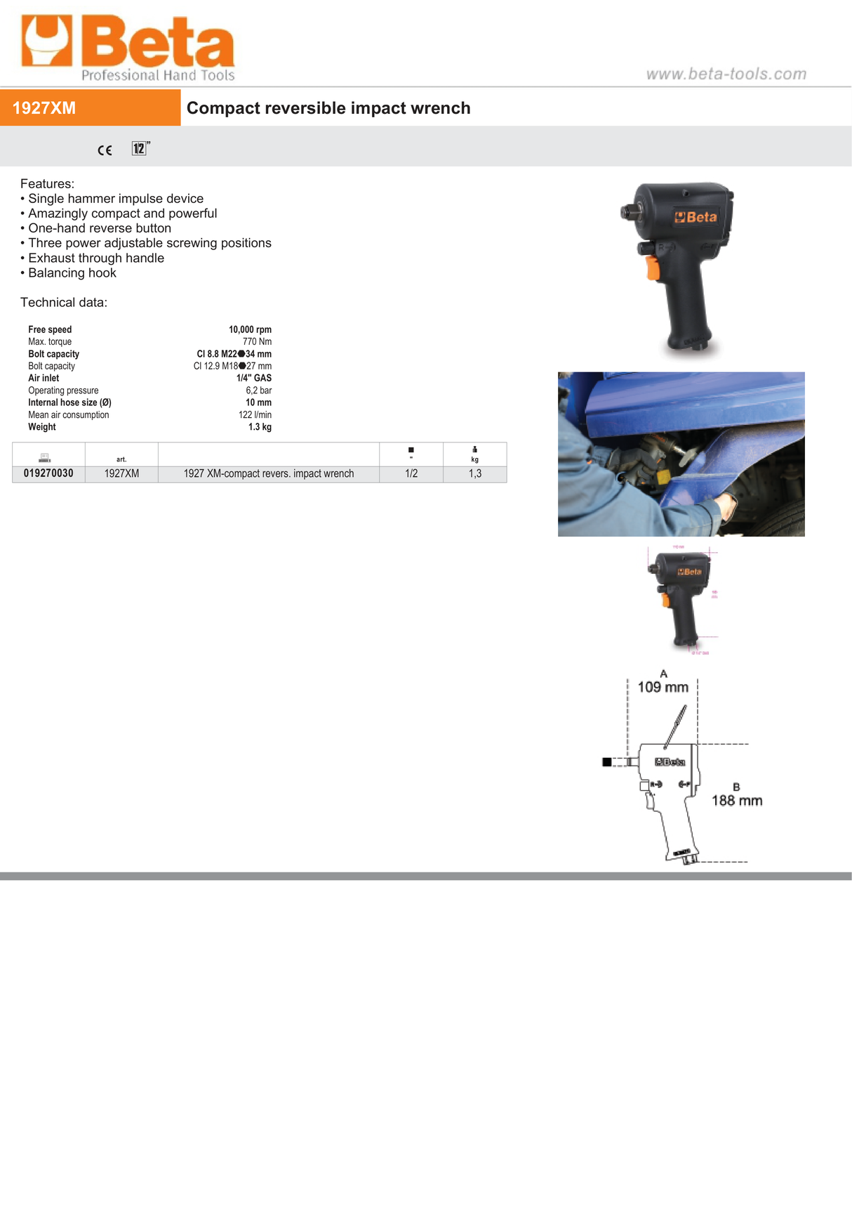 Compact Reversible Impact Wrench 1/2" - Beta Tools 1927XM - Image 5