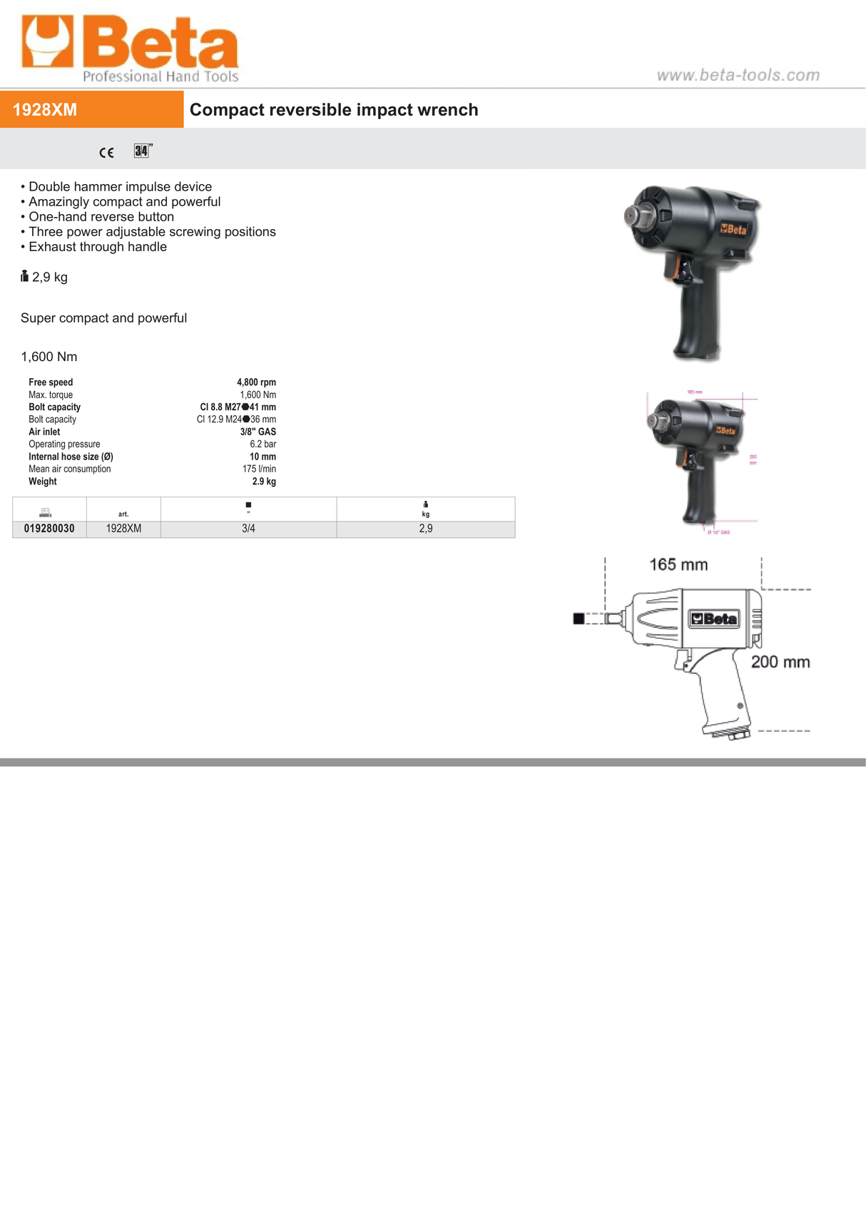 Compact Reversible Impact Wrench 3/4" 1600 Nm - Beta Tools 1928XM - Image 4