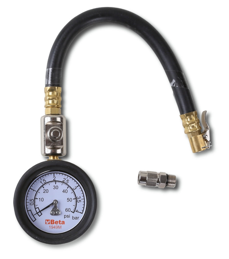 Tyre Pressure Tester 0-4 Bars with Shockproof Rubber Gauge and 290mm Hose - Beta Tools 1949M - Image 1