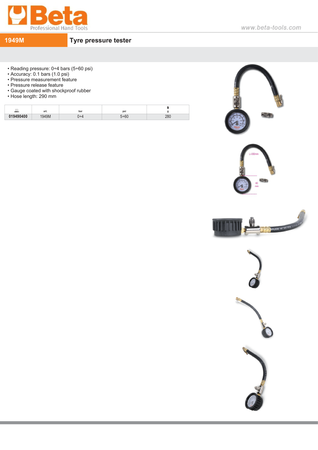 Tyre Pressure Tester 0-4 Bars with Shockproof Rubber Gauge and 290mm Hose - Beta Tools 1949M - Image 6