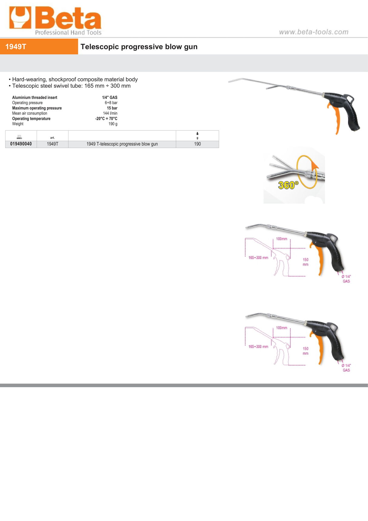 Telescopic Progressive Blow Gun with Swivel Tube 165mm-300mm - Beta Tools 1949T - Image 4