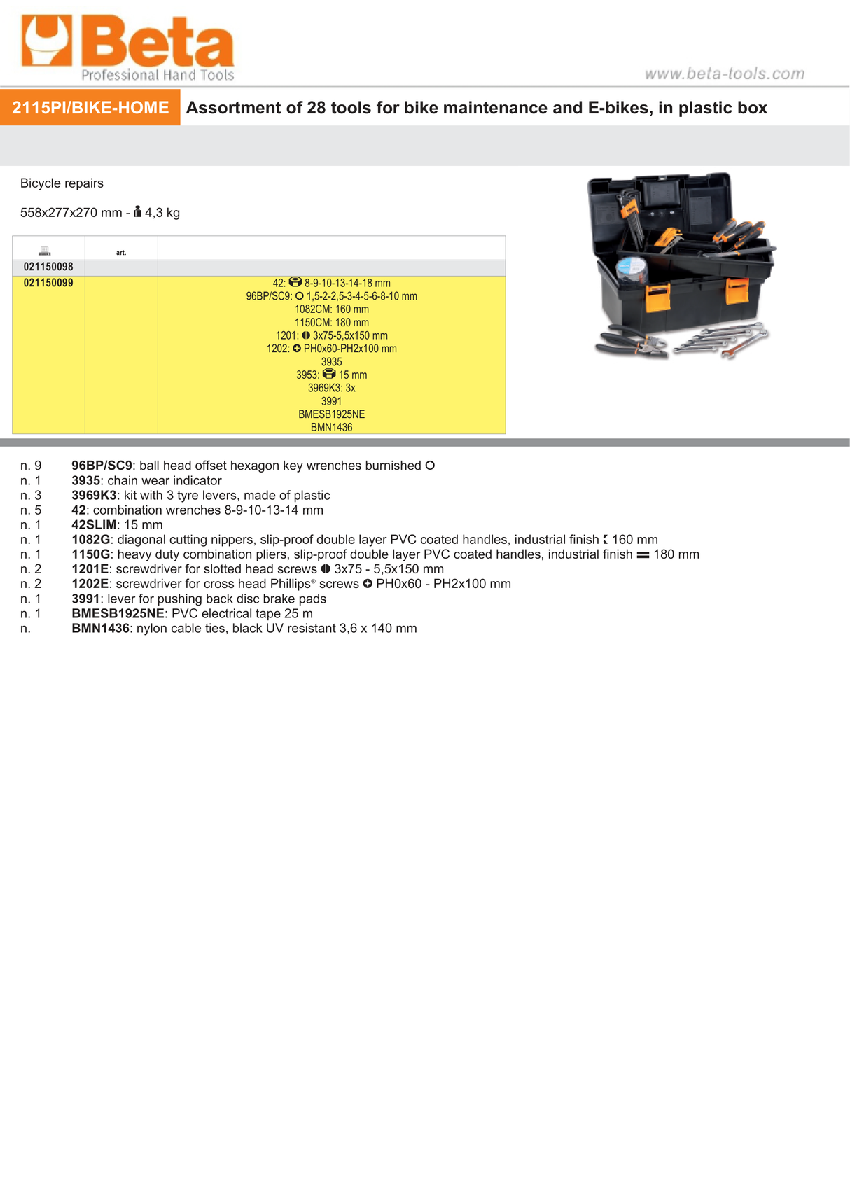 28-Piece Bike and E-Bike Maintenance Tool Set in Plastic Box 558x277x270 mm - Beta Tools 2115PI/BIKE-HOME - Image 2