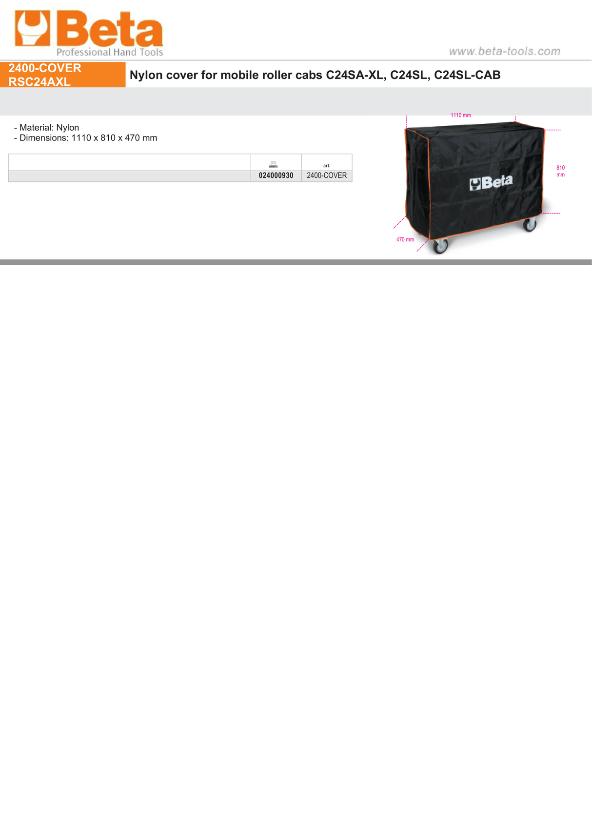Nylon Cover for Mobile Roller Cabs C24SA-XL C24SL C24SL-CAB 1110x810x470mm - Beta Tools 2400-COVER RSC24AXL - Image 2