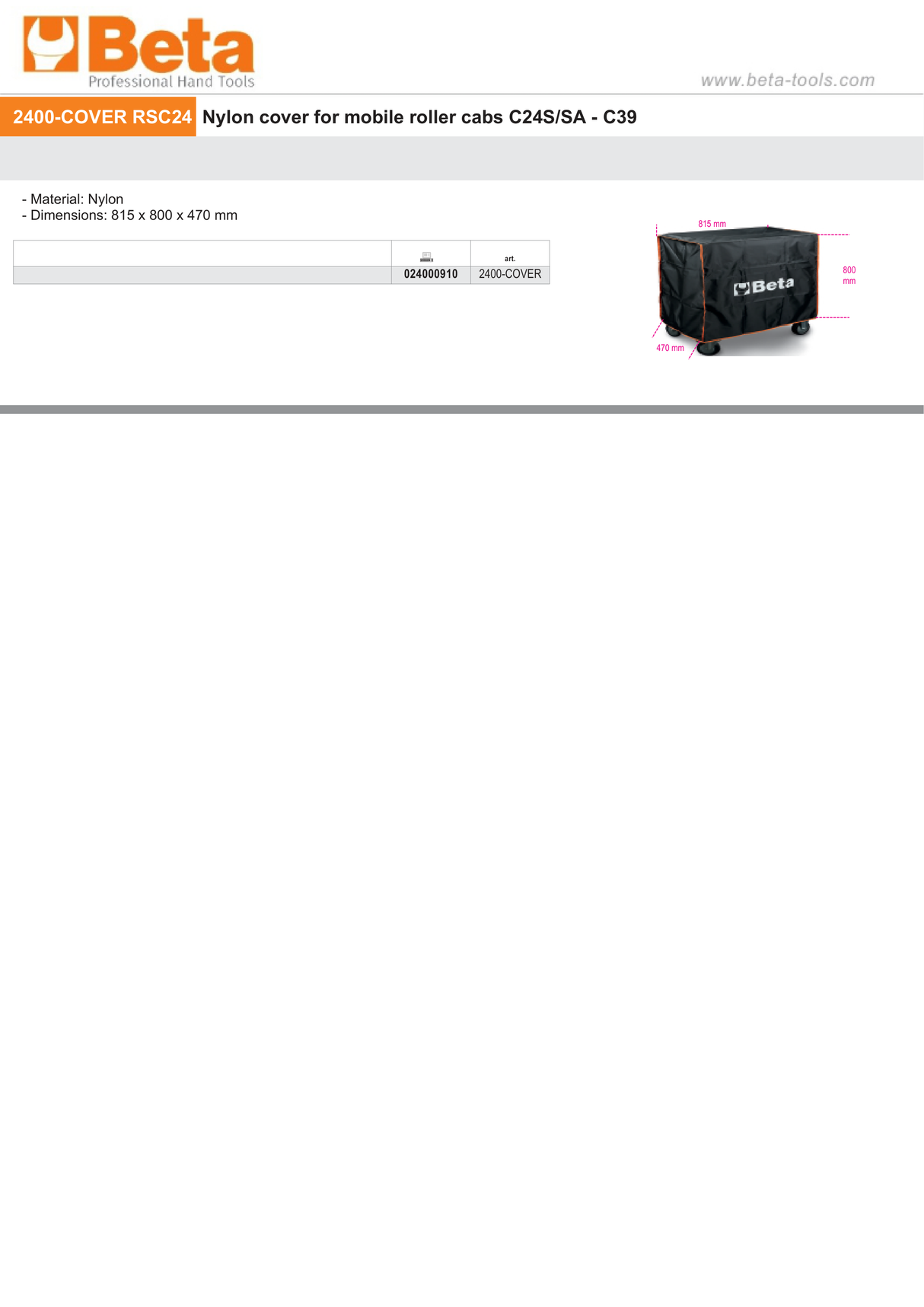 Nylon Cover for Mobile Roller Cabs C24S/SA C39 815x800x470mm - Beta Tools 2400-COVER RSC24 - Image 2