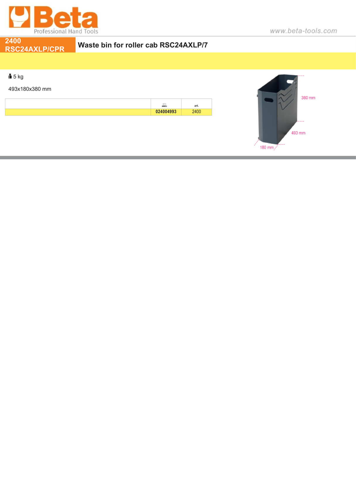 Waste Bin for Roller Cab RSC24AXLP/7 - Beta Tools 2400 RSC24AXLP/CPR - Image 2